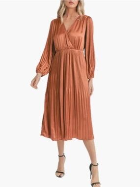 Mila Mae BRONZE Pleated Long Sleeve Midi Dress